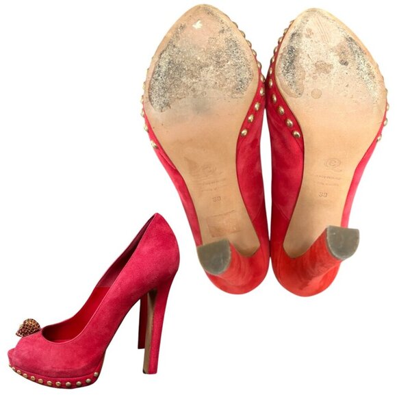 AUTHENTIC ALEXANDER MCQUEEN RED PUMPS HEELS CRYSTAL SKULL SUEDE RARE US 8/38 - Picture 7 of 7